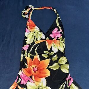 Elegant Floral Halter Midi Dress - Black and Orange
